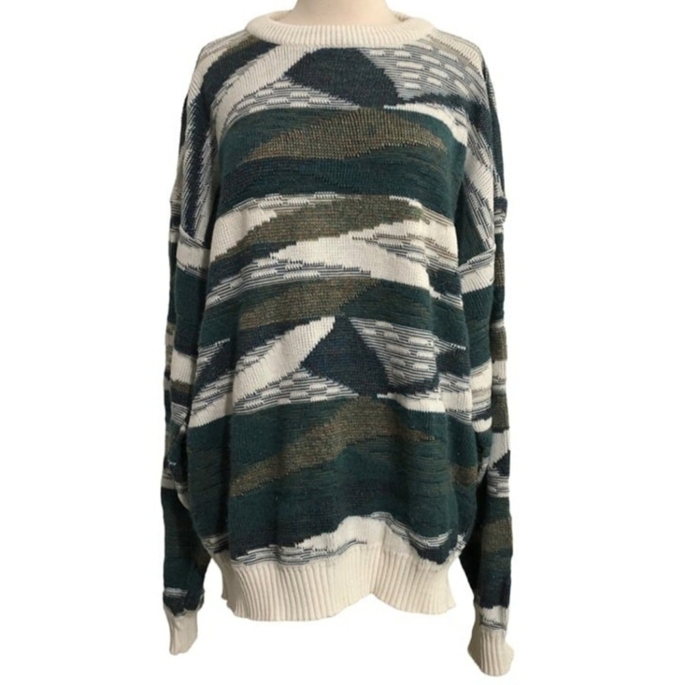 Megalos Mens Knit Crewneck White Teal Geometric Pullover Sweater Size XLT